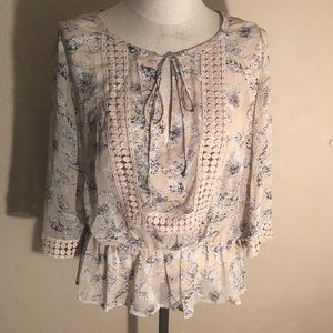 Black Rainn Floral Vneck Crochet Sheer Bell Sleeve